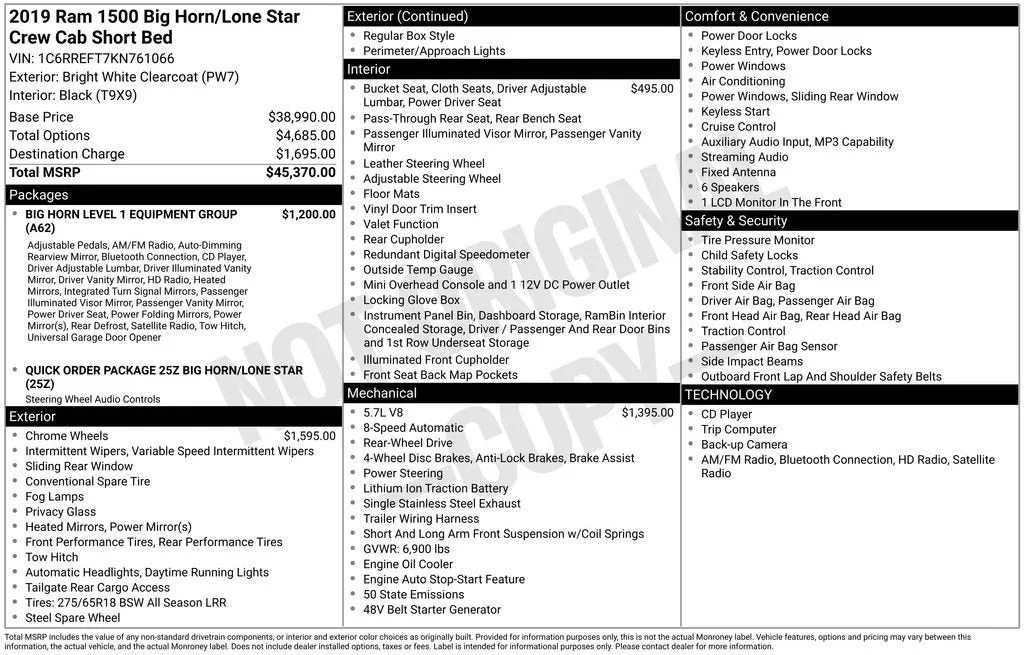 2019 RAM 1500 Big Horn/Lone Star Crew Cab 4x2 5'7" Box photo 6